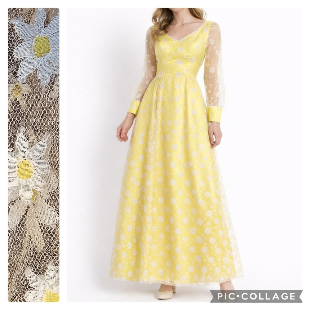 1970s Vintage 34" Bust Hippie Flower Power Daisy Lace Satin Evening Dress #30